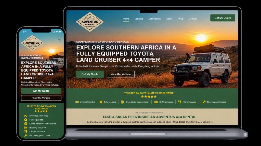 Adventus website after — clear hero, CTA and structured journey