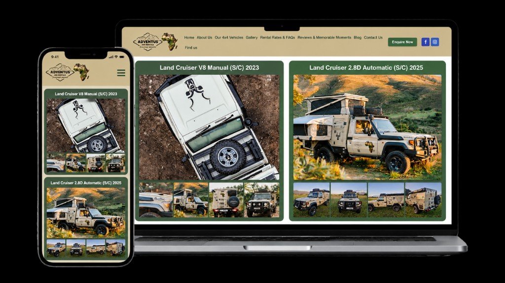 Adventus website before — cluttered vehicle grid on laptop and phone